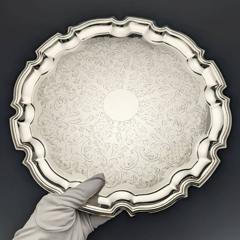 British Vintage Silver Plated Tray Diameter 31cm Queen Anne Boxed